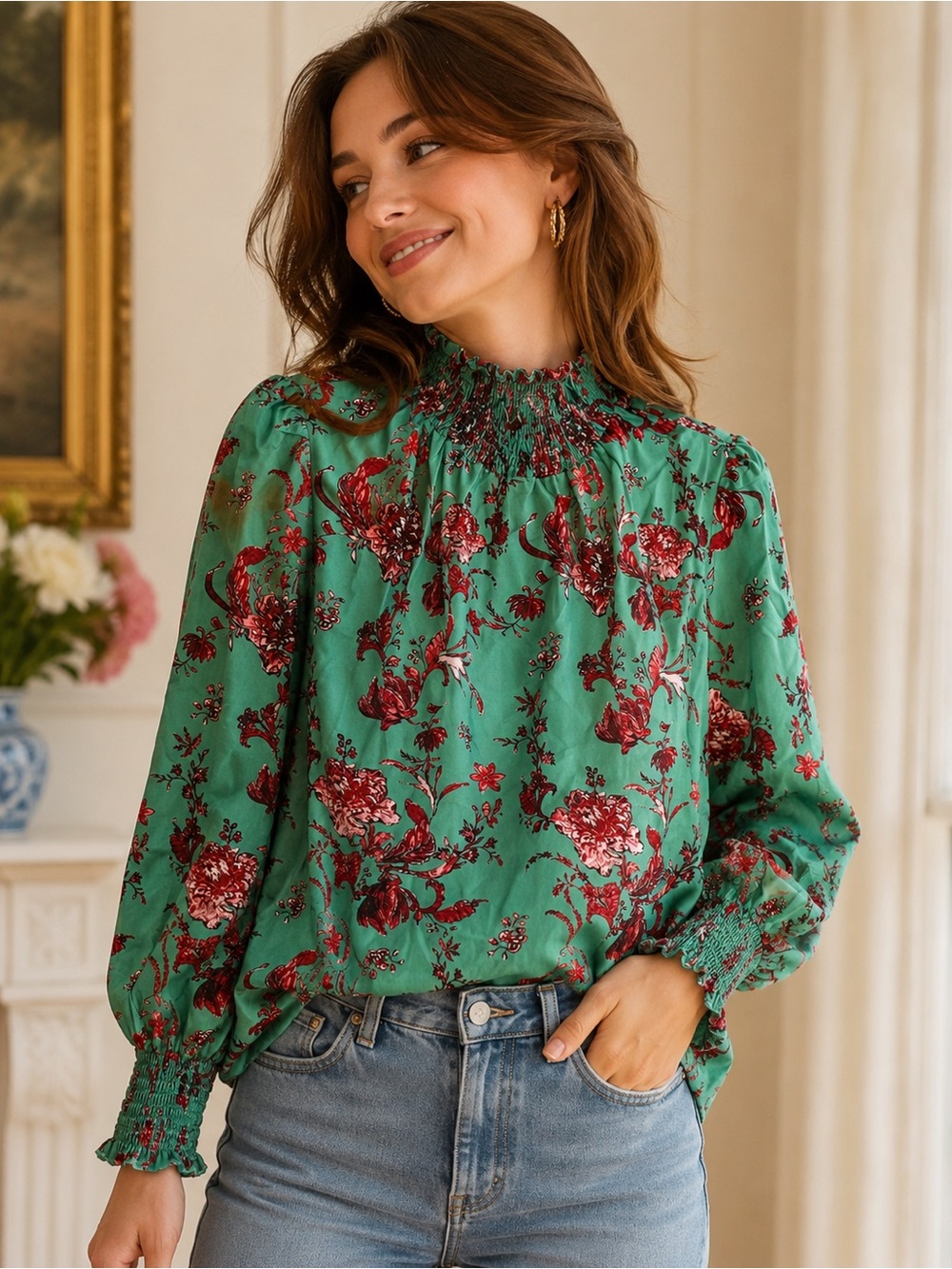 Floral Smocked Neck Blouse in Teal and Red